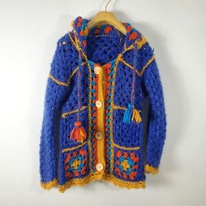 Vintage Granny Square Crochet Cardigan Sweater Blue Mustarde Coat